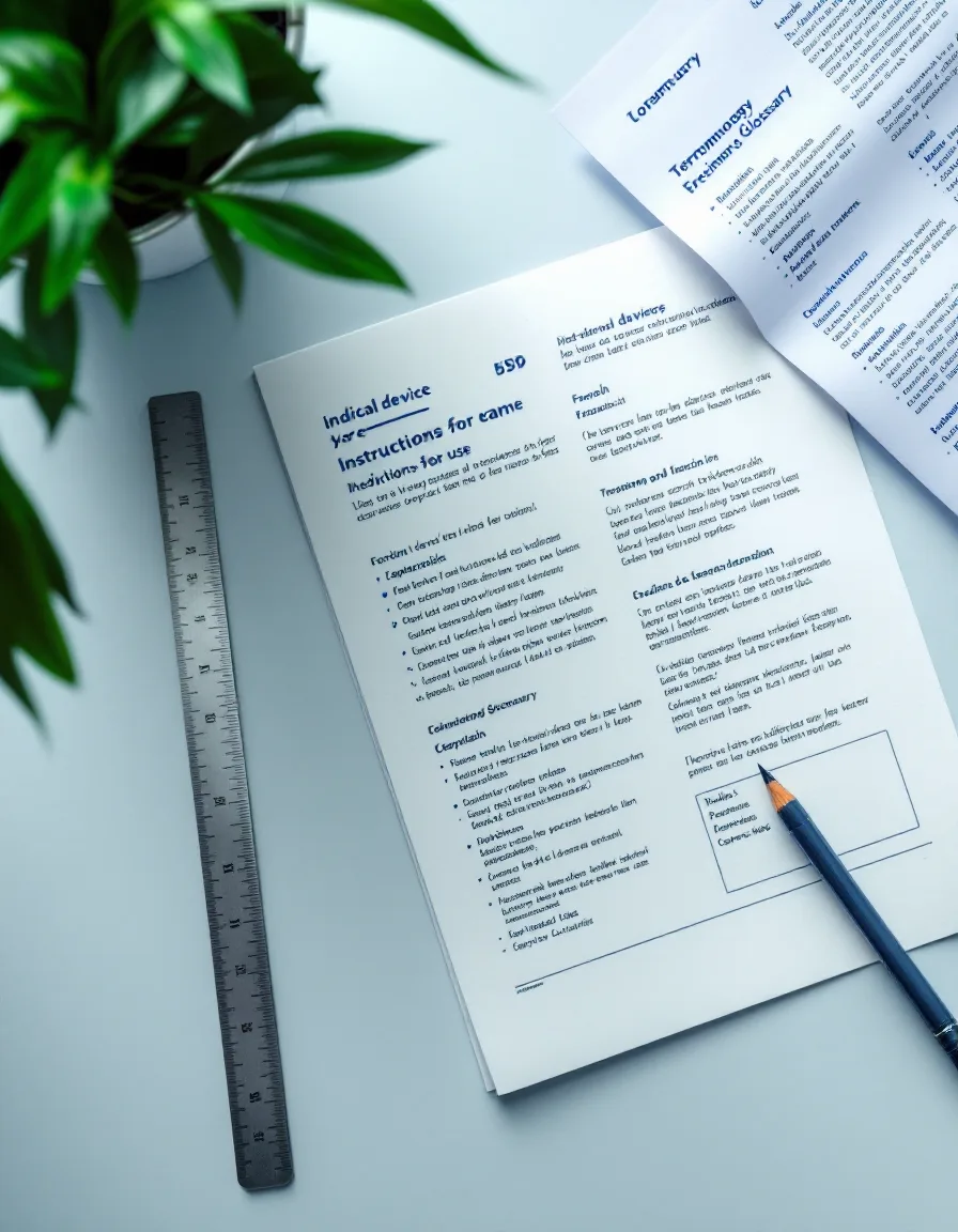 A printed instructions-for-use booklet with pencil notes in the margins beside a glossary sheet with highlighted terms