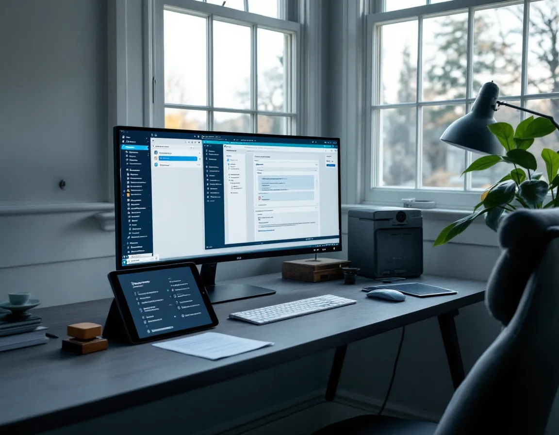 A tidy translation desk by a mullioned window with a bilingual editor on screen and a blue-stamped approval sheet